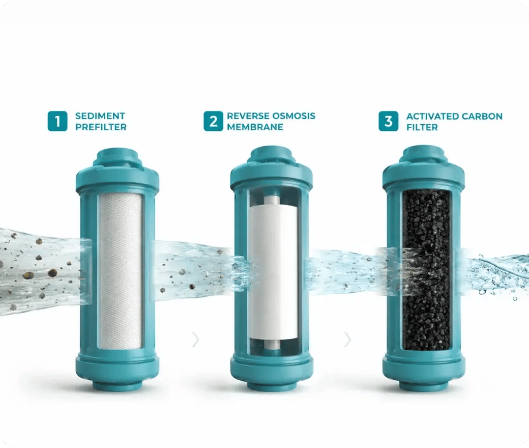 iClear 3-stage filtration: 1 sediment prefilter, 2 reverse osmosis membrane, 3 activated carbon filter