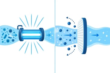 Side-by-side diagram of UV lamp and RO membrane water purification stages