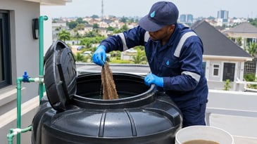 Professional cleaning and inspection of an overhead water storage tank at a Nigerian home.