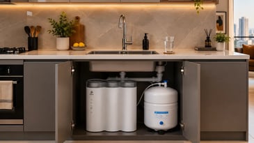 Water purifier installed in a modern Lagos short-let apartment kitchen.