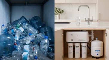 A side by side comparison between Plastic bottle waste and an under-sink iClear water purifier.