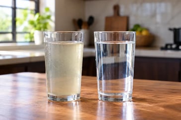 Side-by-side glasses of borehole water before and after basic filtration and RO purification in Nigeria