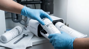 Replacing an iClear RO membrane and filter cartridges during routine maintenance