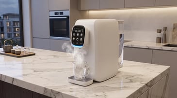 An iClear Desktop purifier dispensing instant hot water in a Lagos home.