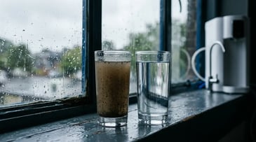 Cloudy muddy borehole water beside clear water filtered by an iClear system after heavy rain