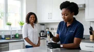 iClear technician testing borehole water TDS at a home in Lagos