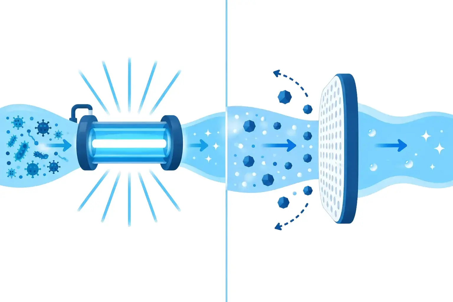 Side-by-side diagram of UV lamp and RO membrane water purification stages