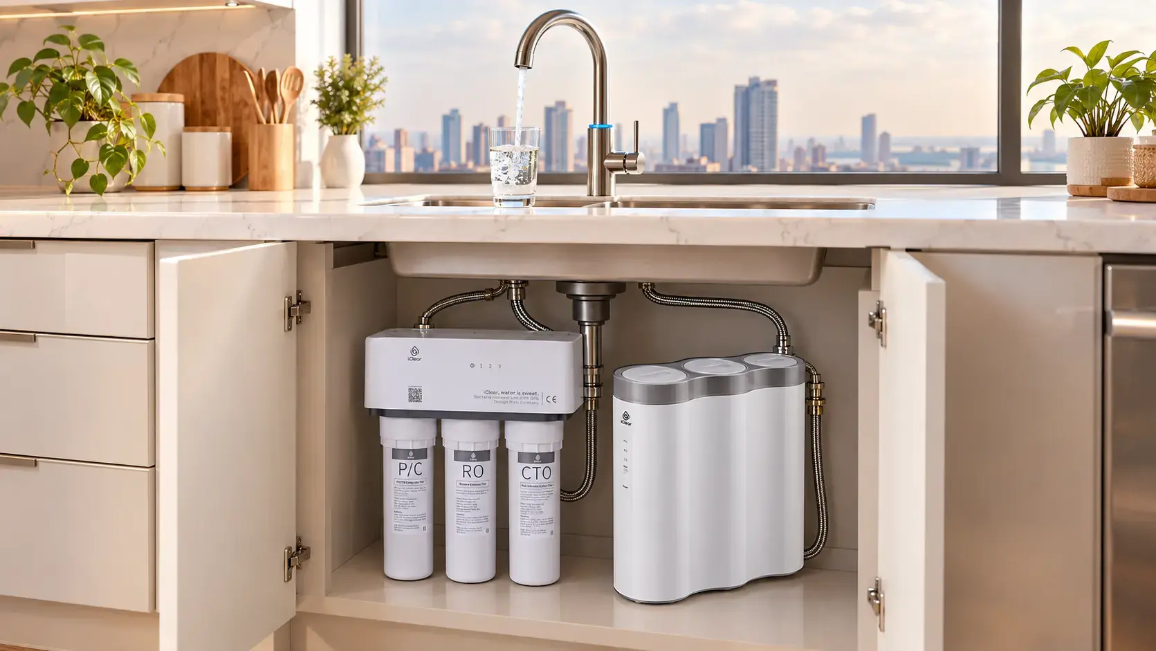 iClear Standard and Premier water purifiers installed under a kitchen sink in a Lagos home