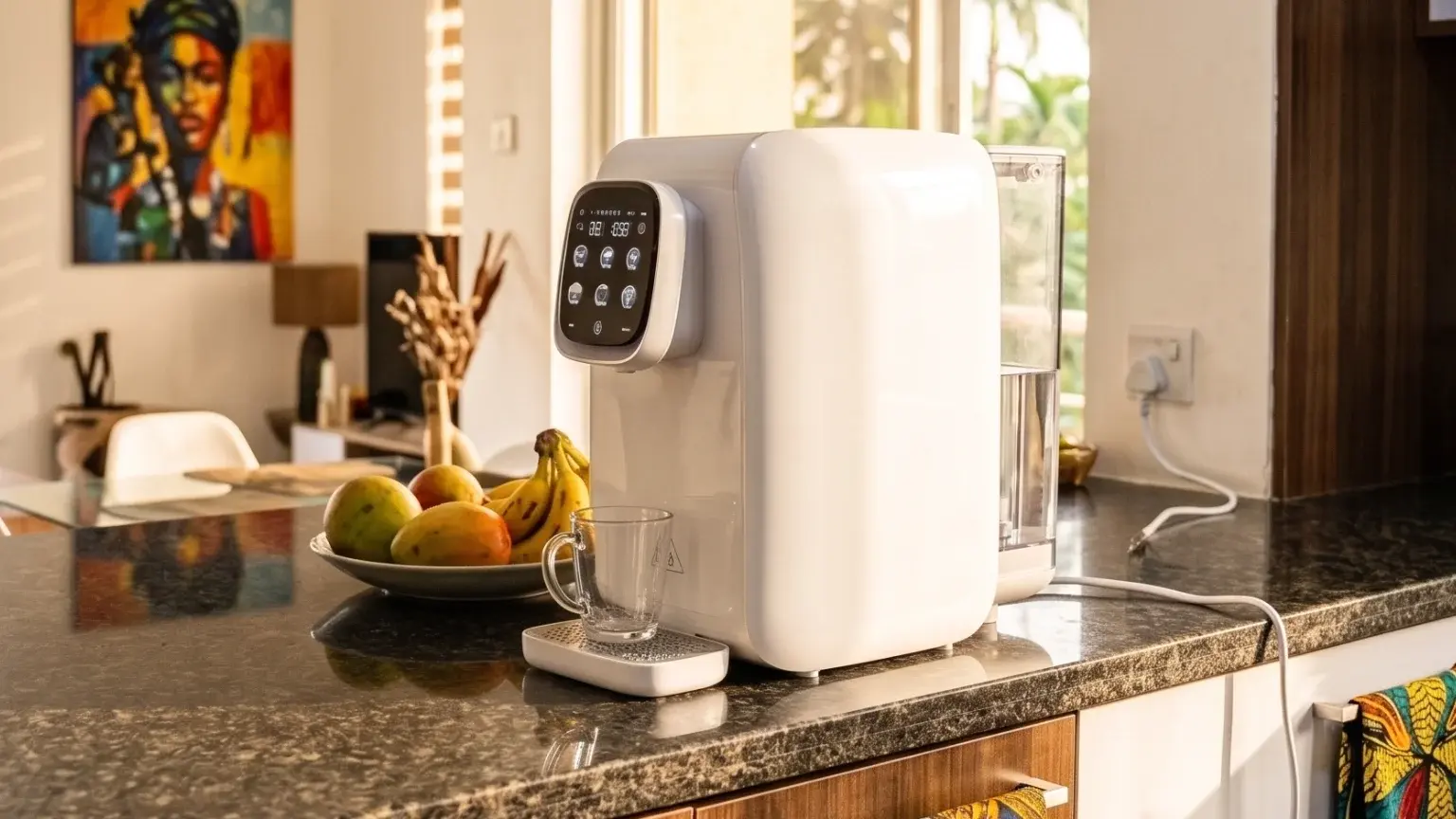 Compact countertop water purifier on a kitchen counter in a Lagos rental apartment