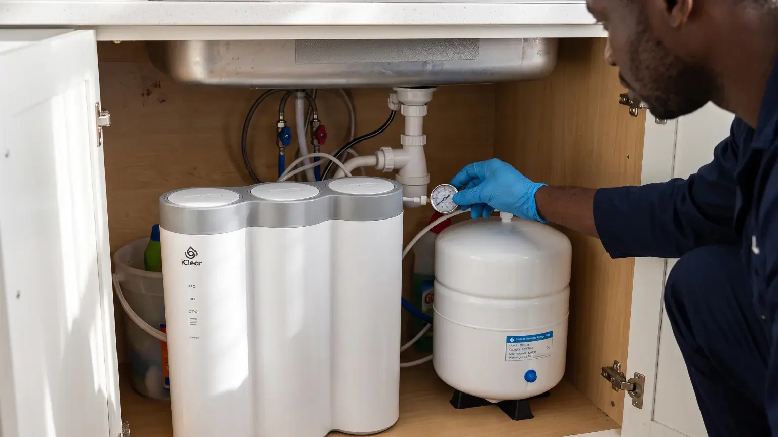  iClear technician checking water pressure at an under-sink RO purifier in a Lagos kitchen