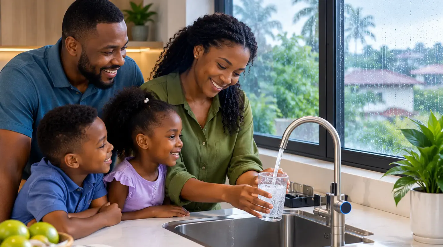 Family filling a glass of clean drinking water from a faucet during Nigeria's rainy season