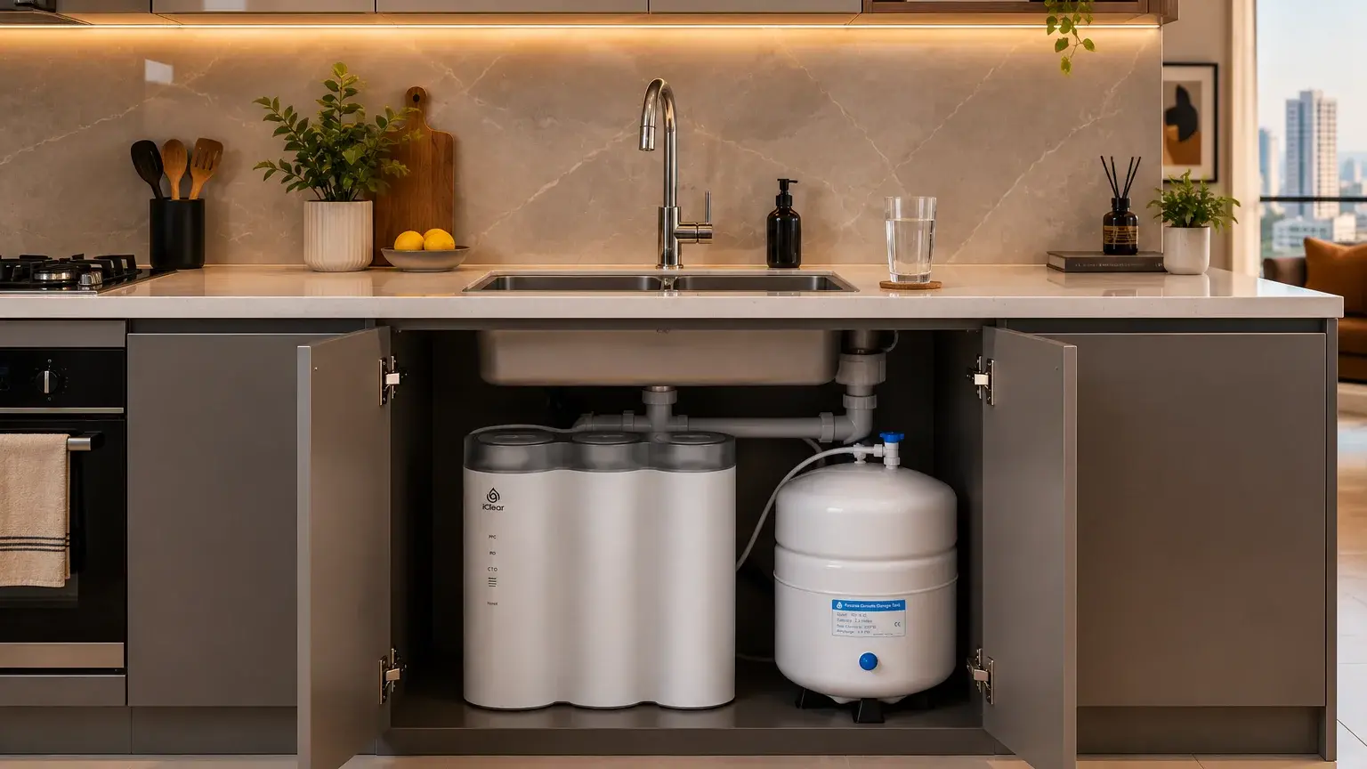 Water purifier installed in a modern Lagos short-let apartment kitchen.