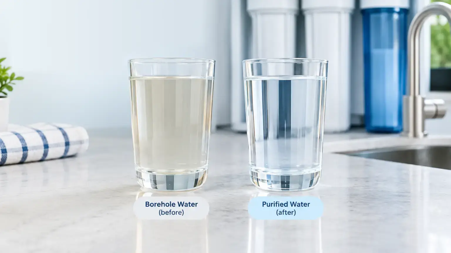 Two glasses of water showing borehole water before and after filtration