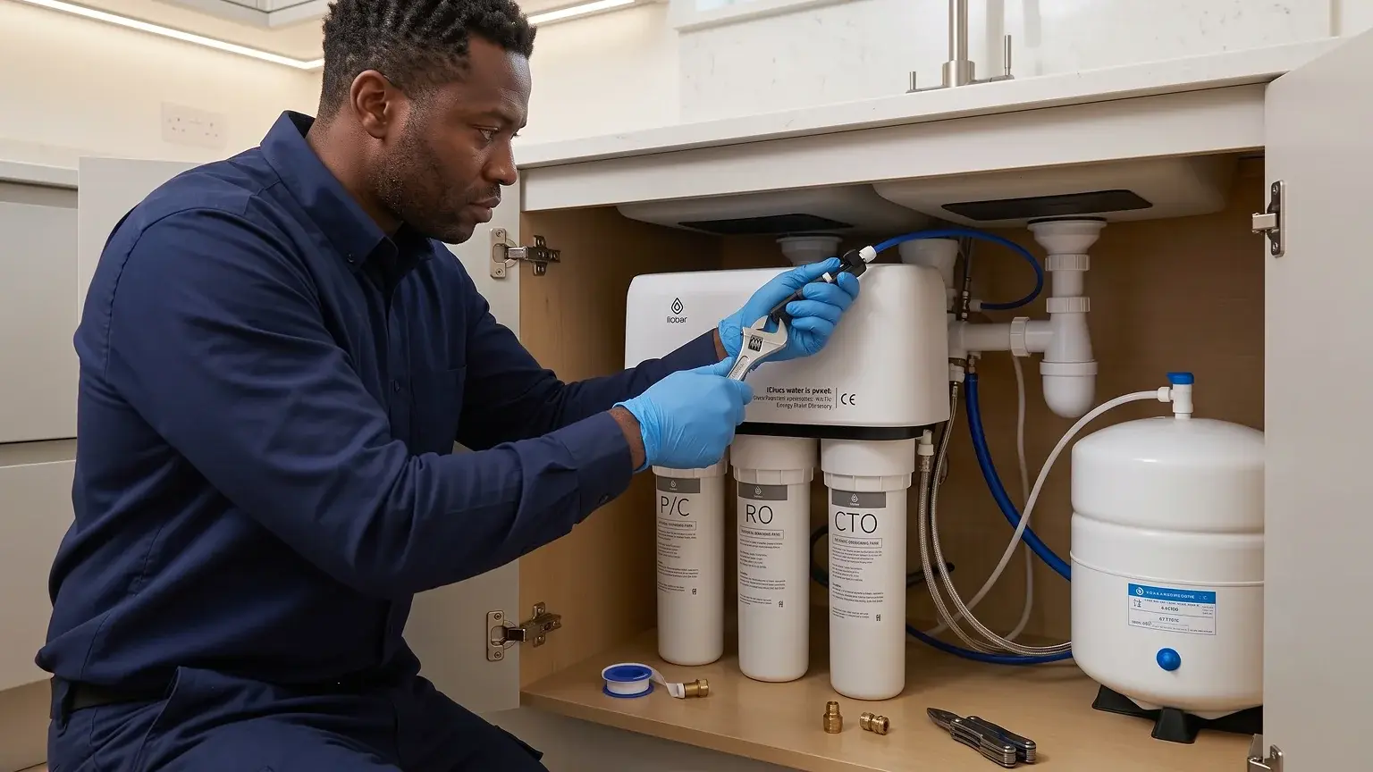 A professional iClear technician installing an iClear standard purifier under the sink