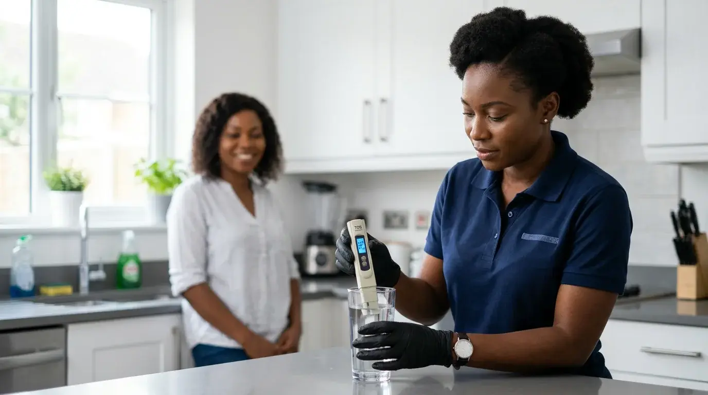iClear technician testing borehole water TDS at a home in Lagos
